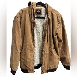 Men’s Dickies tan brown hooded Sherpa lined winter field casual canvas jacket